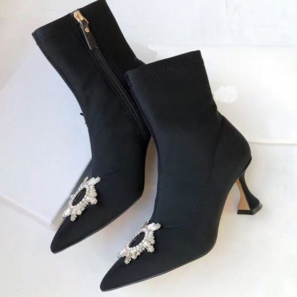 

martin boots designer premium brand 2022 new women's diamond set pointed elastic thin sunflower wine cup high heel fashion boots, Black