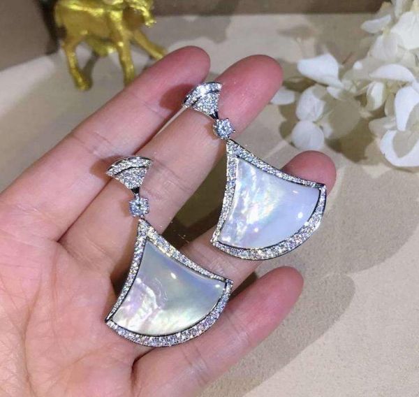 

tenperament mother of pearl natural stone cz diamond fanshaped earrings 18k whiteroseyellow gold plated women party jewelry3909272, Golden