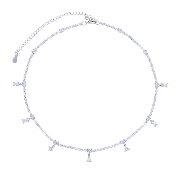 

slim thin cz tennis chain choker necklace micro paved geometric oval water drop cz charm fashion women jewelry, Silver