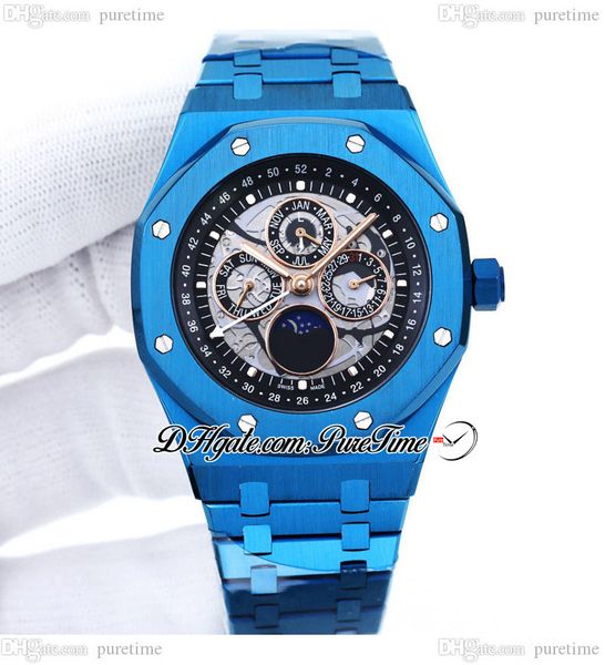 

a2658 41mm perpetual calendar a21j automatic mens watch blue steel gray black skeleton dial stick marker moon phase stainless steel bracelet, Slivery;brown