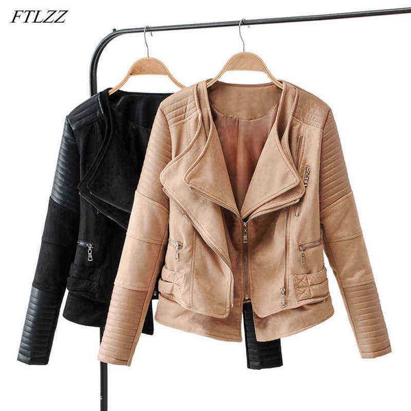 

ftlzz spring autumn splicing suede faux leather short jacket women lapel fake two pieces pu leather jacket locomotive fit outfit j220727, Black