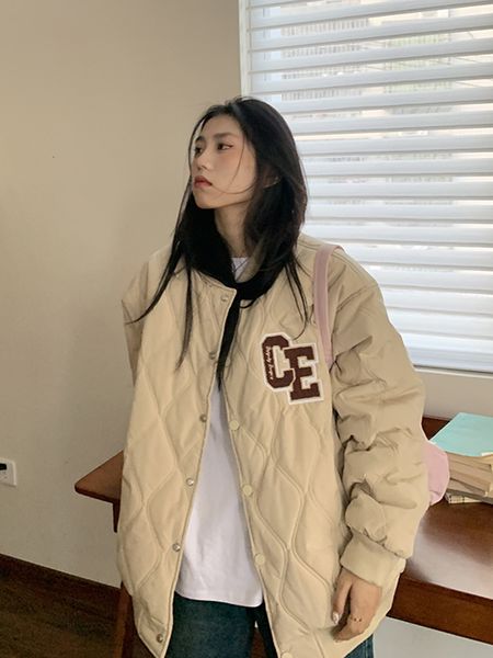 

women's down parkas korean khaki baseball uniform jacket women's winter thickened padded jacket style with loose student ins padde, Black