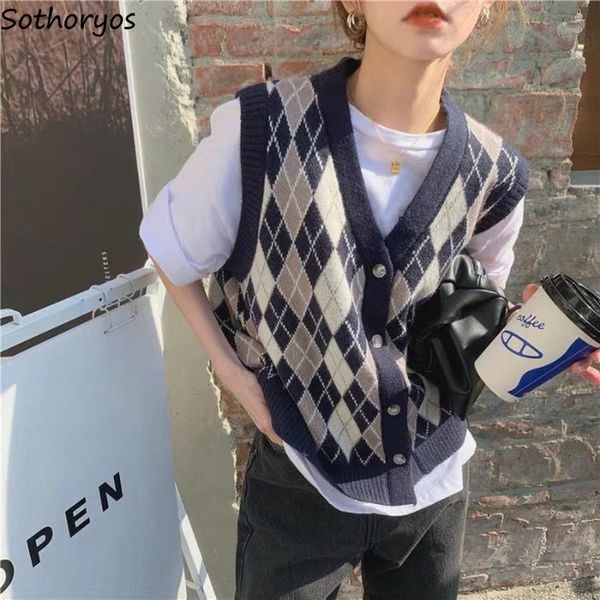 

women's vests england vintage sweater vest women v-neck sleeveless loose preppy hipster mujer thermal jumpers ladies classic knitwear 2, Black;white