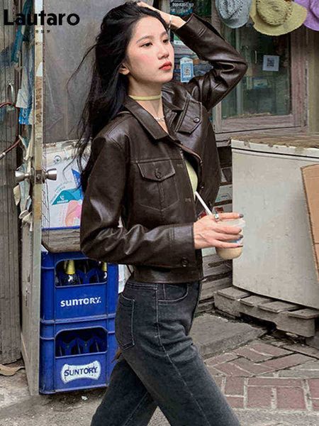 

lautaro spring autumn short brown black light faux leather jackets for women long sleeves cool decorated korean style fashion 2022 j220727