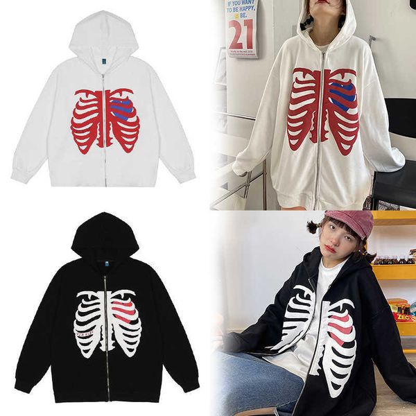 

men's hoodies sweatshirts 90s hip hop skull print hooded sweatshirt harajuku zipper goth hoodie coat y2k women retro loose grunge hoode, Black