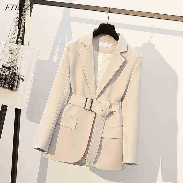 

ftlzz spring autumn office ladies blazer jacket women elegant slim fashion outfit one button solid color suit jacket with belt j220727, Black