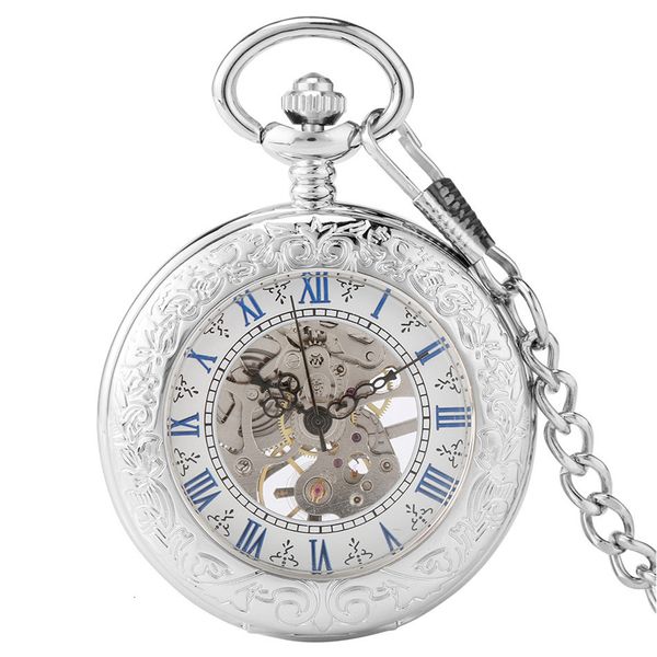 

pocket watches silver mechanical hand wind antique watch exquisite blue roman numerals display skeleton pendant clock gifts elder 221116, Slivery;golden