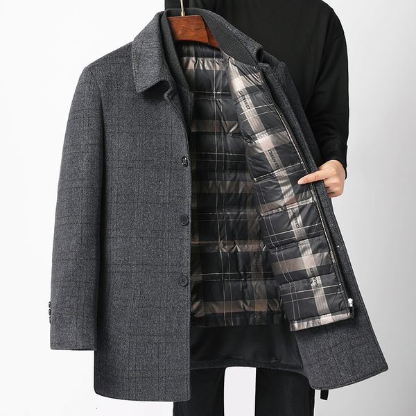 

men's wool blends business casual winter thick warm woolen coats detachable duck down liner windbreaker autumn solid wool overcoat jack, Black