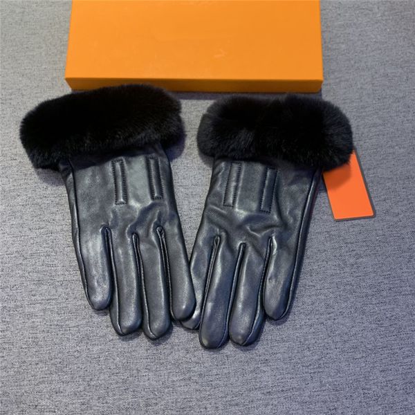 

women rabbit hair sheepskin gloves outdoor leather glove lambskin mittens super soft touch plush mitten with box, Blue;gray