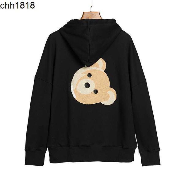 

chao brand bear hooded sweater men's hoodie little bear head flocked sweater coat with loose terry fabric, Black
