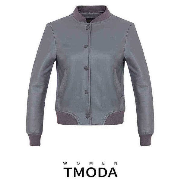 

tmoda291 2022 women casual faux leather short jackets lady gray bomber jacket brief printed single breasted jacket with pocket j220727, Black