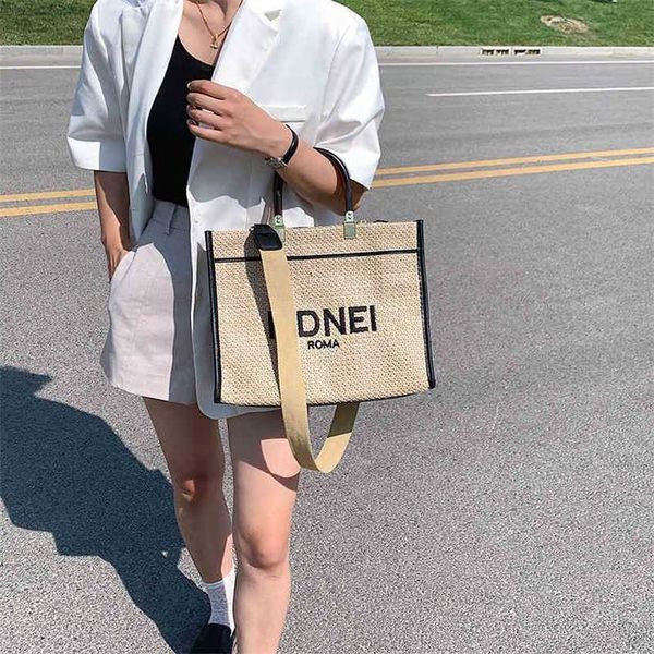 

bag female summer new version messenger hand shopping wide shoulder belt canvas straw bag