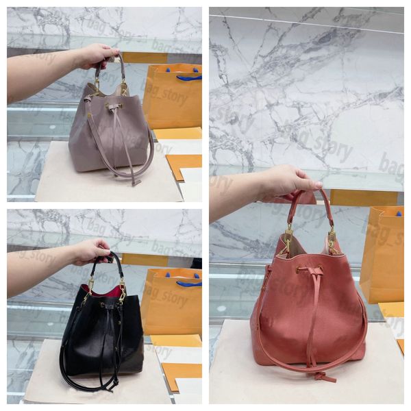 

designer neonoe bucket bag embossed monograms drawstring handbag giant letter logo capucines tote string closure neo mm shoulderbag crossbod