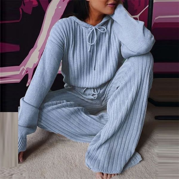 

womens two piece pants retro women solid knitted pieces set spring autumn long sleeve hoodie and wide leg tracksuit ladies casual hooded set, White