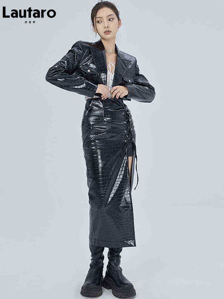 

lautaro 2 piece sets womens outfits lace up black shiny crocodile texture leather midi skirt with pockets and crop 2022 j220727