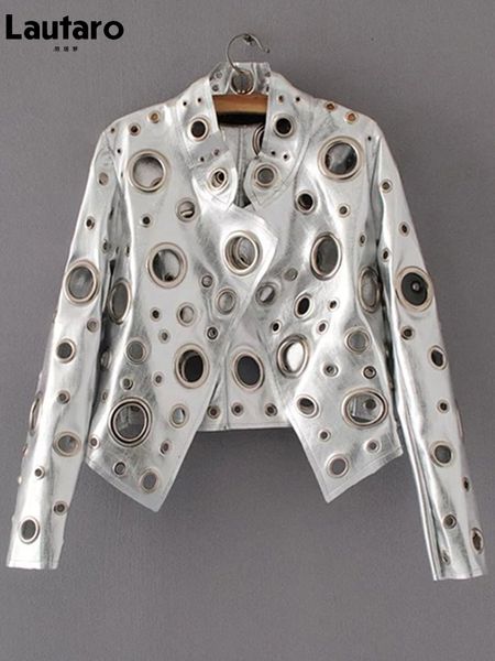 

women's leather faux lautaro runway cut out short jacket golden rivet cool stylish designer clothes women european american fashion 221, Black