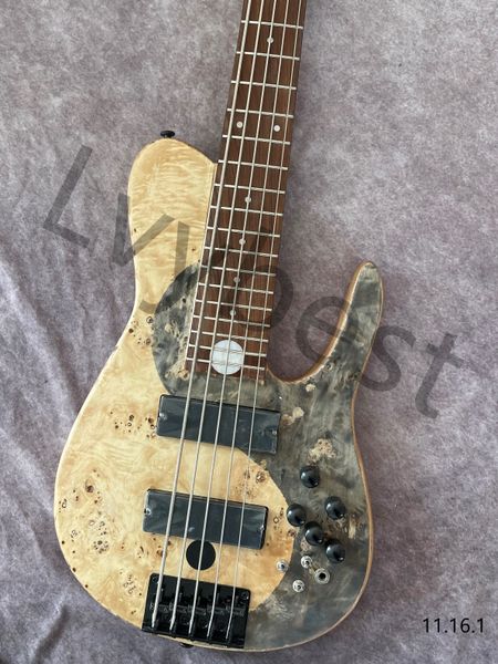 

stocking custom electric guitar 5 strings bass burl flame ash wood body maple neck circle inlay black parts natural satin