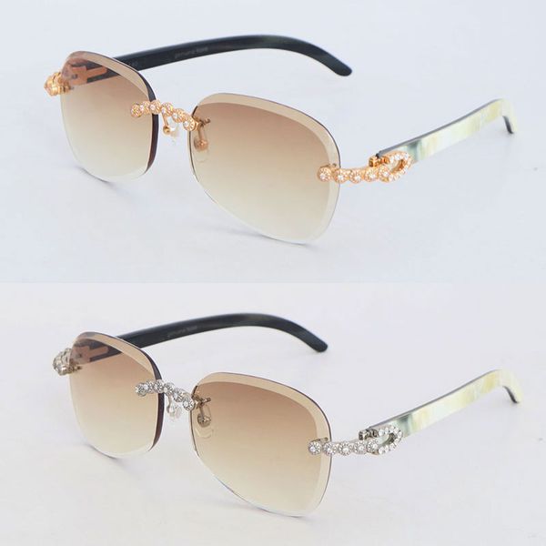 

luxury moissanite diamond set rimless sunglasses womans original white inside black buffalo horn men glasses 3524012 design classical model, White;black
