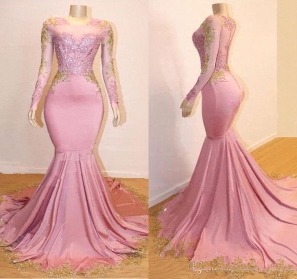 

2020 pink mermaid prom dresses long sleeves with gold lace applique sweep train formal black girls party dress evening gowns3699004