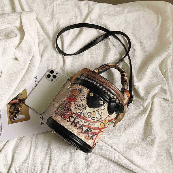 

bear graffiti bucket bags for women cute cartoon tote bag aesthetic silk scarf printing fashion women's party shoulder bag 2022