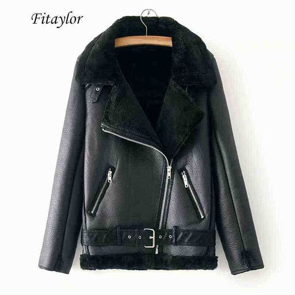 

fitaylor winter faux sheepskin jacket leather fluffy fur jacket women motorcycle warm thicken faux lamb leather jacket outerwear j220727, Black