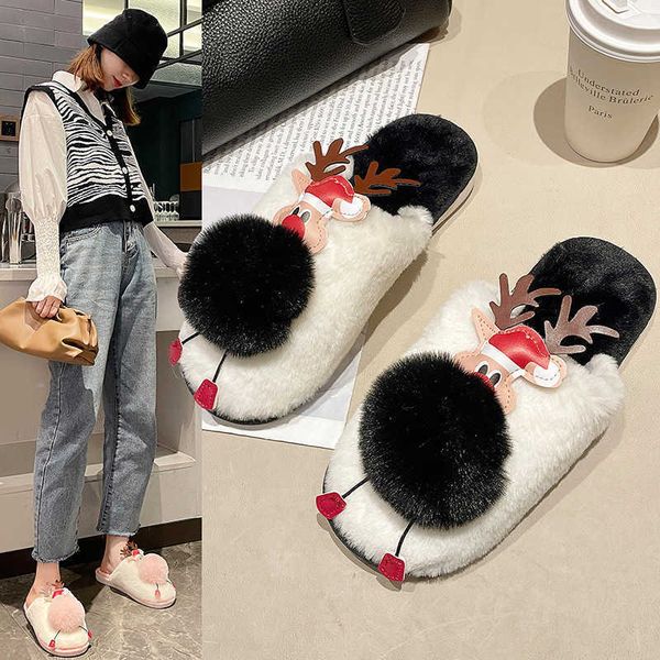 

slippers plush slippers female 2023 autumn winter new cute cartoon decoration fawn home flat bottom plush cotton 0930, Black