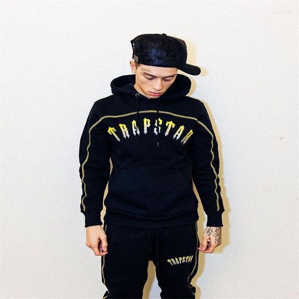 

men's tracksuits trapstar suit men central cee set 1to1 gold letter embroidery black paneled women hoodie jogger pants, Gray