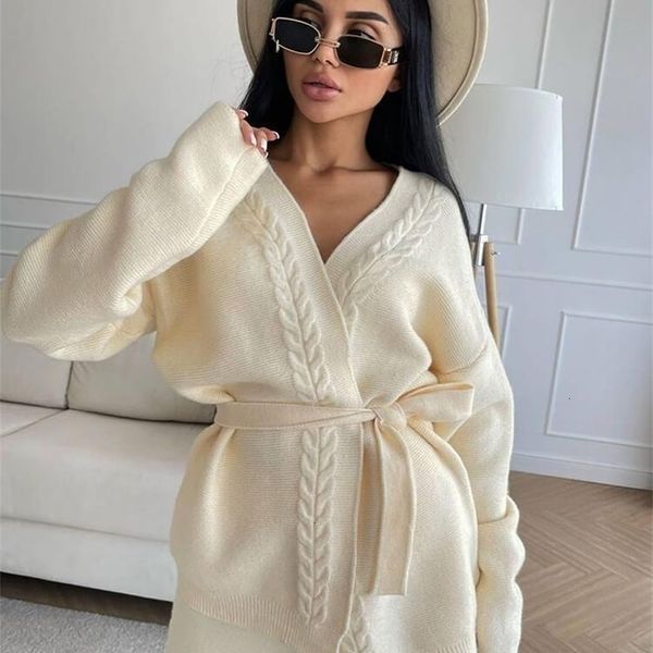 

womens two piece pants tyhru women knitting 2pieces sweater suits hemp flower cardigan with beltknitted wide leg lady winter sweaters sets 2, White