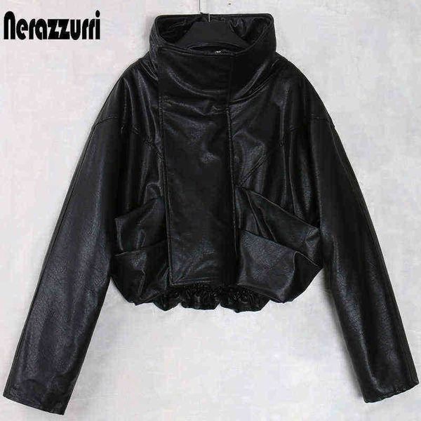 

nerazzurri zip up oversized cropped leather jacket women long sleeve black patent leather jackets for women clothing women 2020 j220727