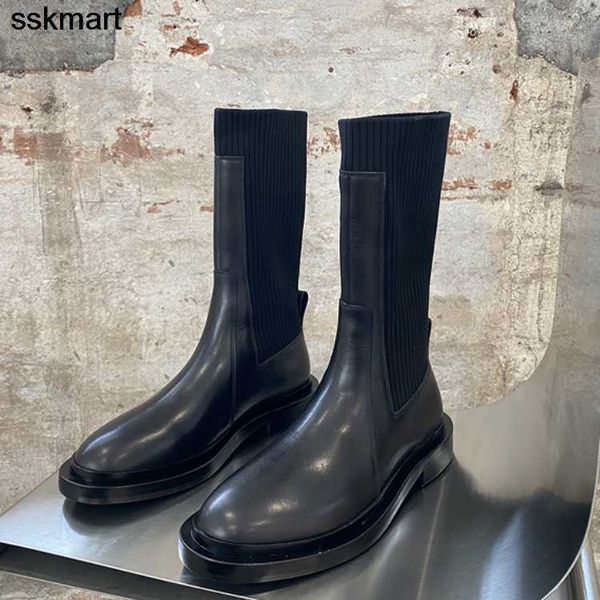 

women designers rois jil small crowd show thin thick heel medium boots women 2022 autumn round head flat bottomed fashion boots size 34-40, Black
