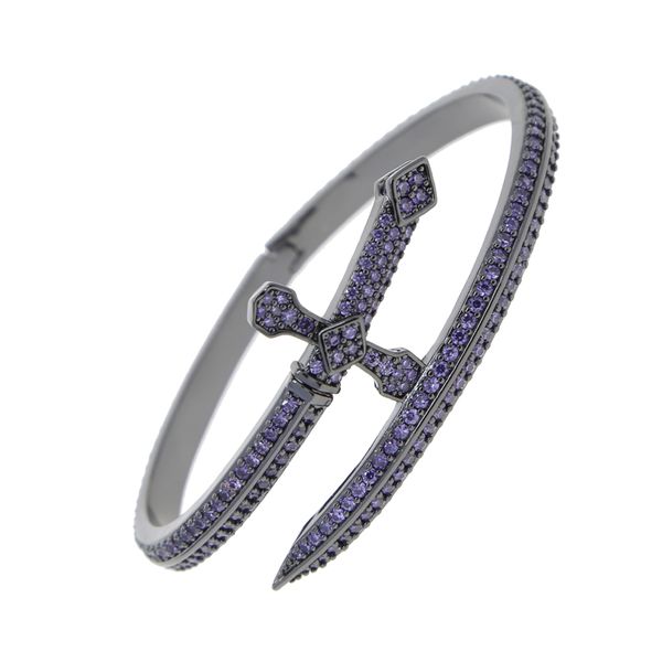 

iced out cubic zirconia cz cross sword bracelet for men boy open size black color sword of justice bangle hiphop jewelry, Golden;silver