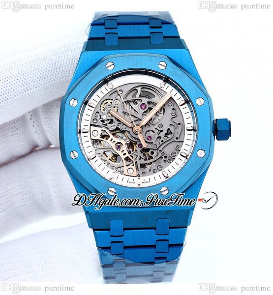 

41mm blue steel a21j automatic mens watch white skeleton dial stainless steel bracelet a1540 watches puretime e247b2, Slivery;brown