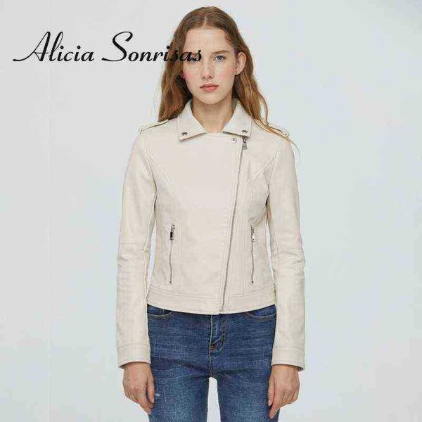 

2022 new faux leather jacket women pu leather slimfit short jacket lapel black white biker moto jacket j220727