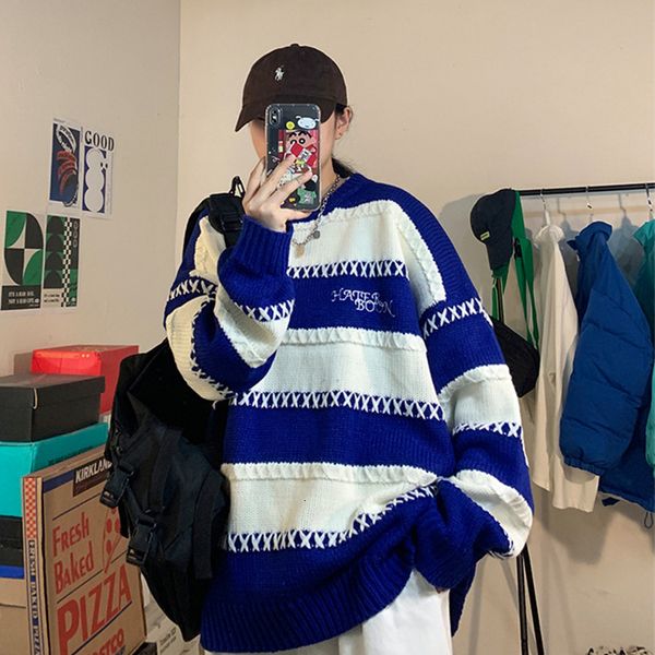 

men's sweaters fashion casual knitted sweater men's round neck striped design knitted autumn winter teens versatile pullover 22111, White;black