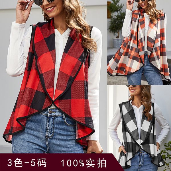 

women's vests cross border autumn and winter new sleeveless european american women's plaid pocket cardigan vest coat, Black;white