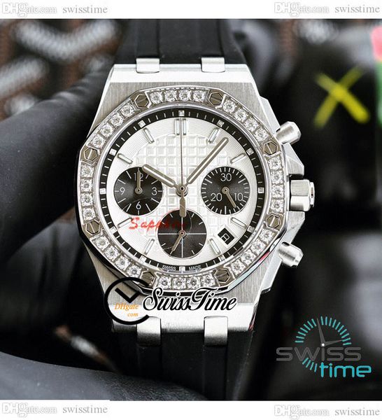 

26231 37mm miyota quartz chronograph ladies watch diamonds bezel white textured dial black rubber strap womens watches satch swisstime e245c, Slivery;brown