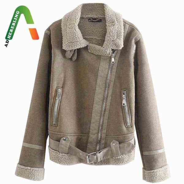 

adherebling woman 2021 casual hit jackets autumn winter thick faux fur decorations pu patchwork warm belted teddy jacket outerwear j220727, Black