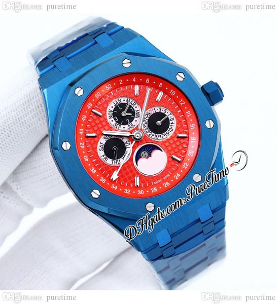 

a2657 41mm perpetual calendar a21j automatic mens watch red textured dial black subdial stick markers moon phase stainless steel bracelet wa, Slivery;brown