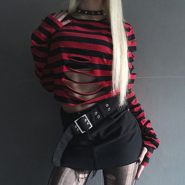 

women's t shirts insgoth striped sweaters street cutout christmas loose dark long sleeves y2k gothic harajuku grunge one-neck winter p, White