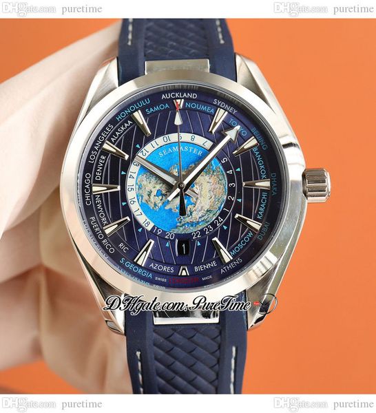 

aqua terra 150m wordtimer a8500 automatic mens watch gmt steel case blue dial stick markers rubber with white line puretime e455b2, Slivery;brown