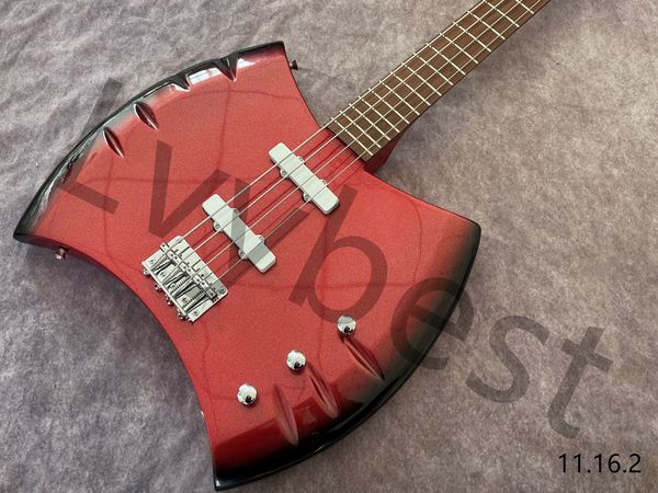 

stocking axe shape 4 string electric guitar bass metalic red with black edge chrome parts white pickups ss