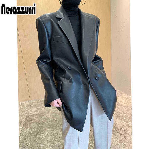 

nerazzurri spring autumn leather jackets for women long sleeves leather jacket women black soft light loose faux leather blazer 2022 j220727