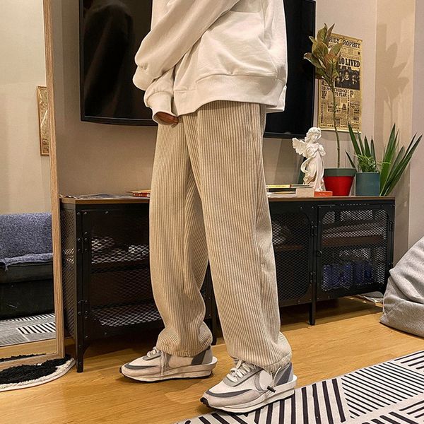 

men's pants shujin man casual tie leg straight woman corduroy solid color oversize trousers warm korean streetwear 221116, Black