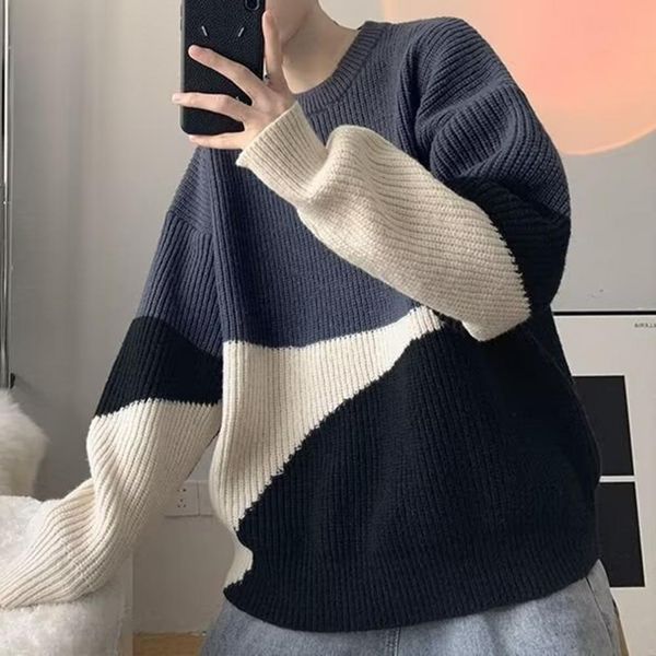 

men's sweaters men sweater contrast color crew neck ribbed loose long sleeves coldproof comfy autumn winter knitted pullover sweater fo, White;black