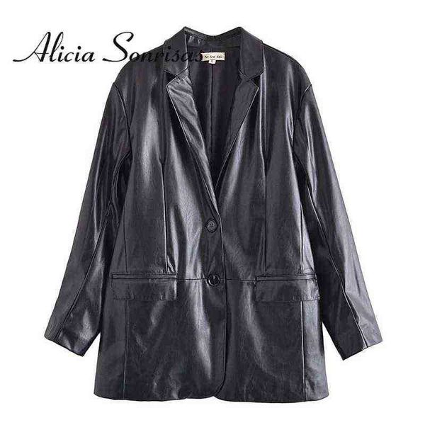 

2022 spring autumn women pu loose tailored collar casual solid leather jacket black kaki black blazer fashion jacket feminino j220727