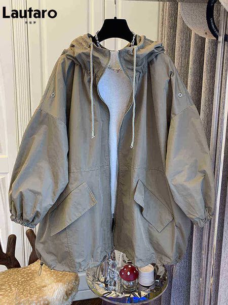 

lautaro spring autumn oversized random kaki black windproof women with hood zip up loose cool korean fashion 2022 j220727