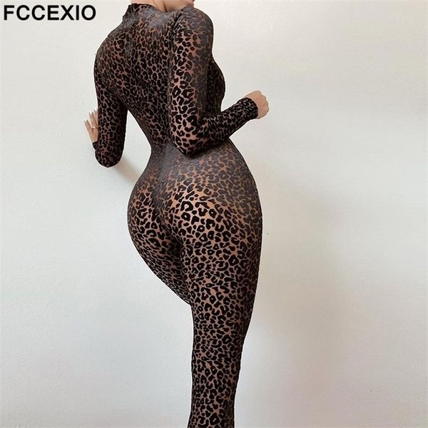 

womens jumpsuits rompers fccexio mesh leopard jumpsuit women early autumn sheath bodyshaping clothing long sleeve midnight clubwear 221115, Black;white