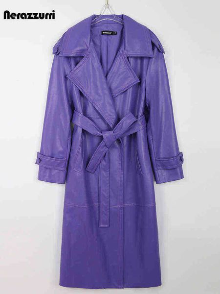 

nerazzurri autumn long purple faux leather trench coat for women belt stylish luxury elegant overcoat fashion 2022 j220727, Black