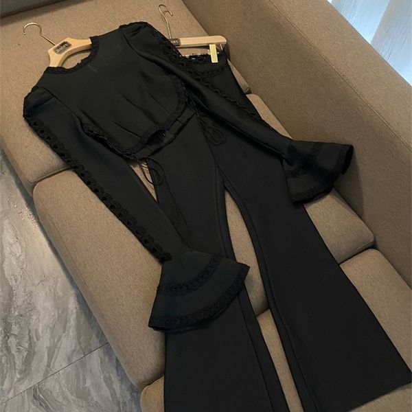 

womens two piece pants fashion tightfitting bandage suit longsleeved flared twopiece casual 221115, White