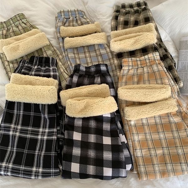 

womens pants capris autumn winter warm plush thick plaid women casual loose wide leg trousers streetwear straight cashmere 221116, Black;white